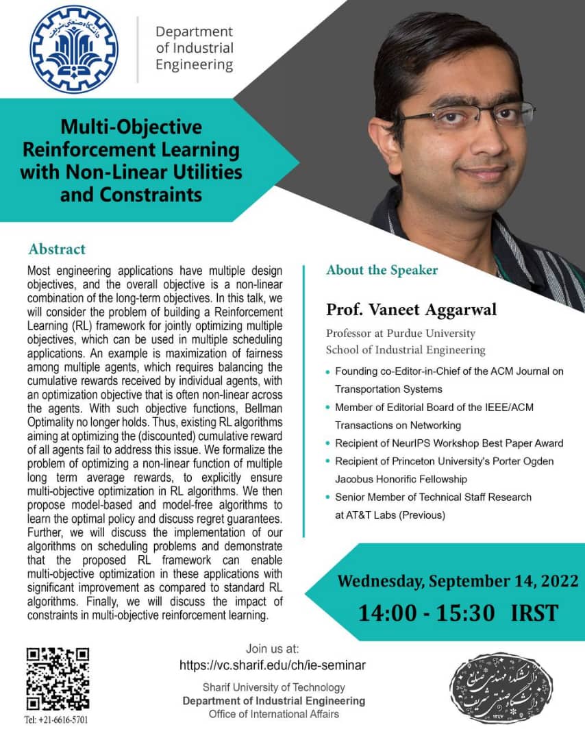 وبینار بین‌المللی Multi-Objective Reinforcement Learning with Non-Linear Utilities and Constraints